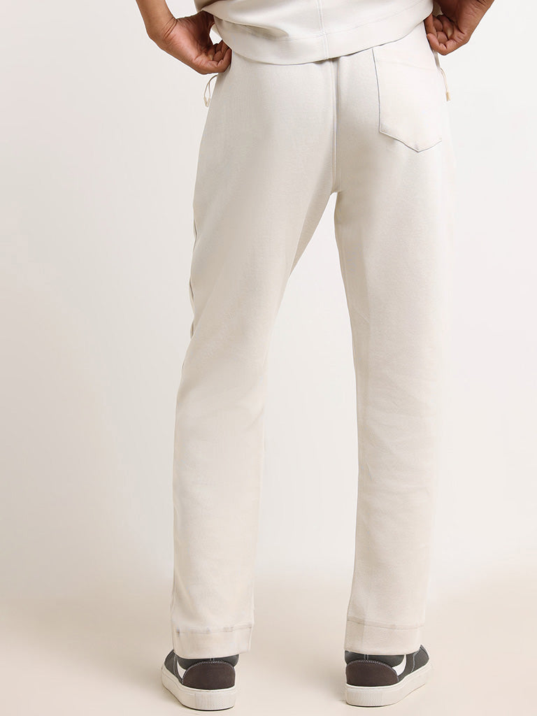 Studiofit Off-White Cotton Blend Front Seam Straight Fit Track Pants