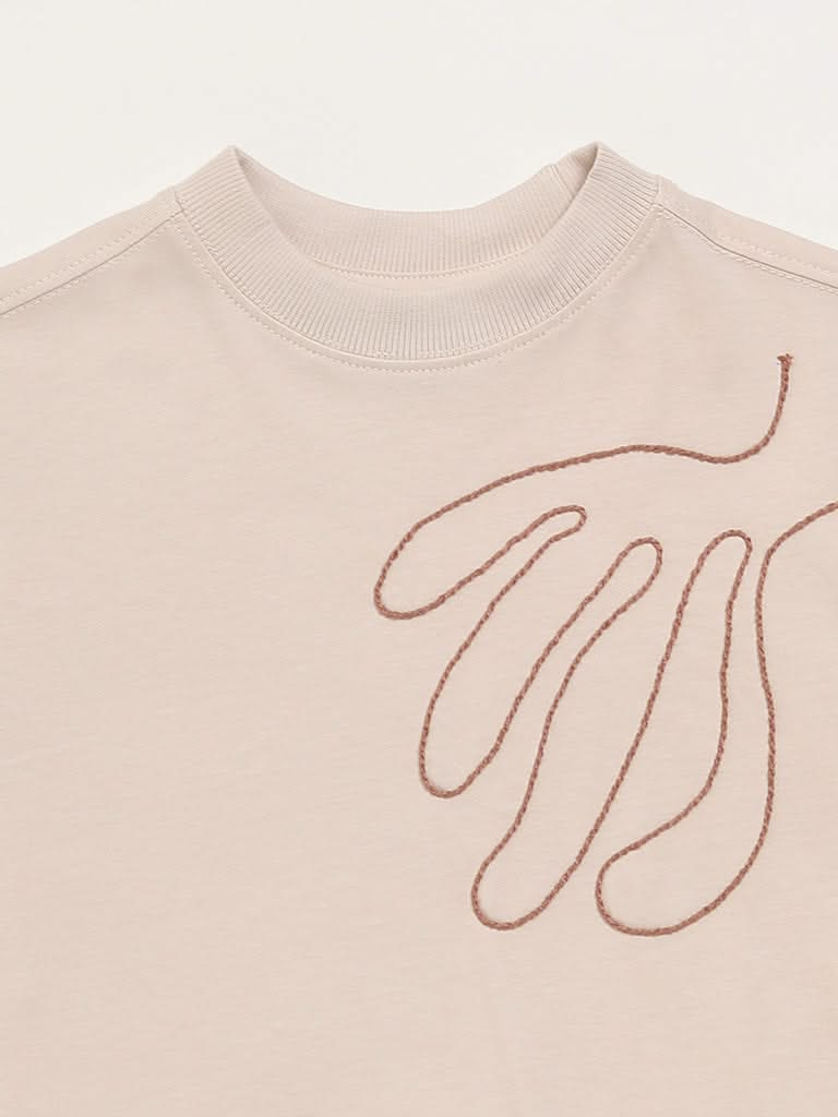 Y&F Kids Light Beige Embroidered T-Shirt