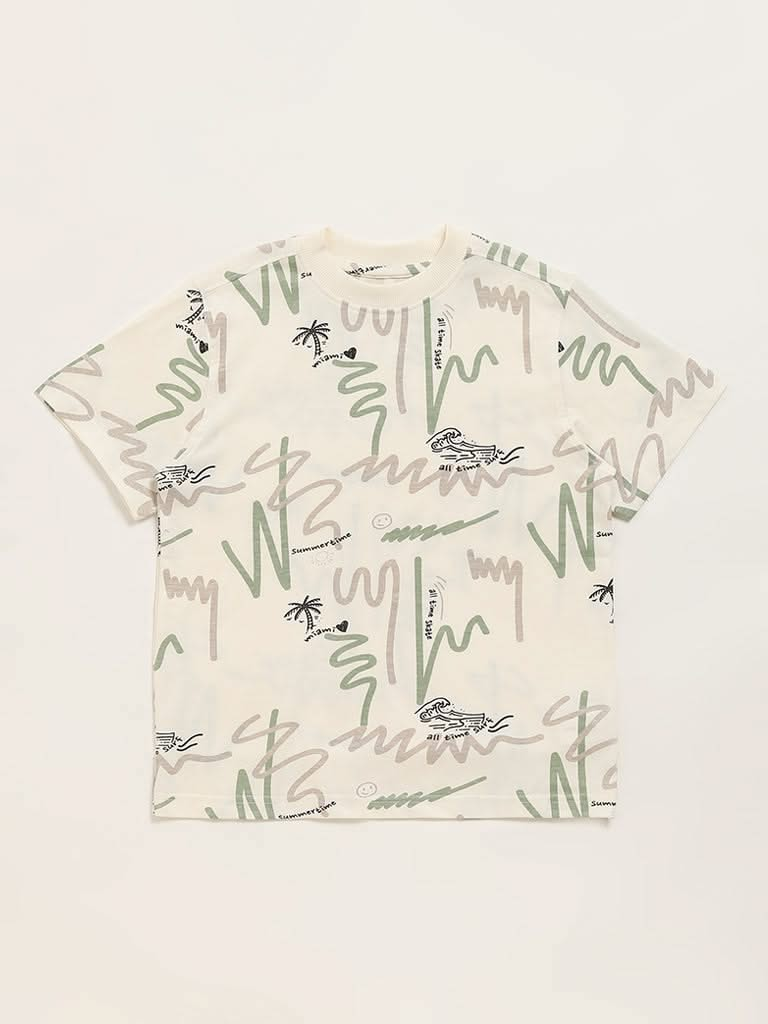 Y&F Kids Off-White Abstract Printed T-Shirt