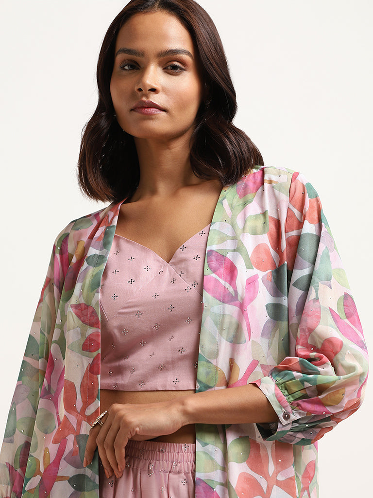 Vark Pink Floral Print Top, Palazzos & Jacket Set