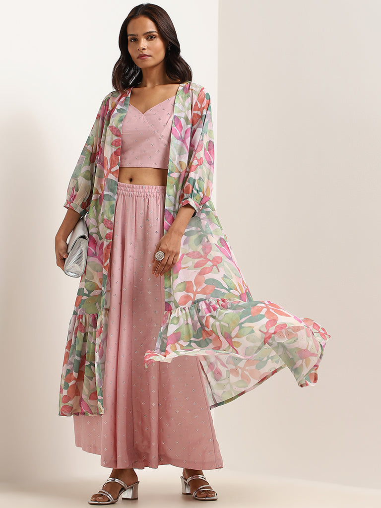 Vark Pink Floral Print Top, Palazzos & Jacket Set