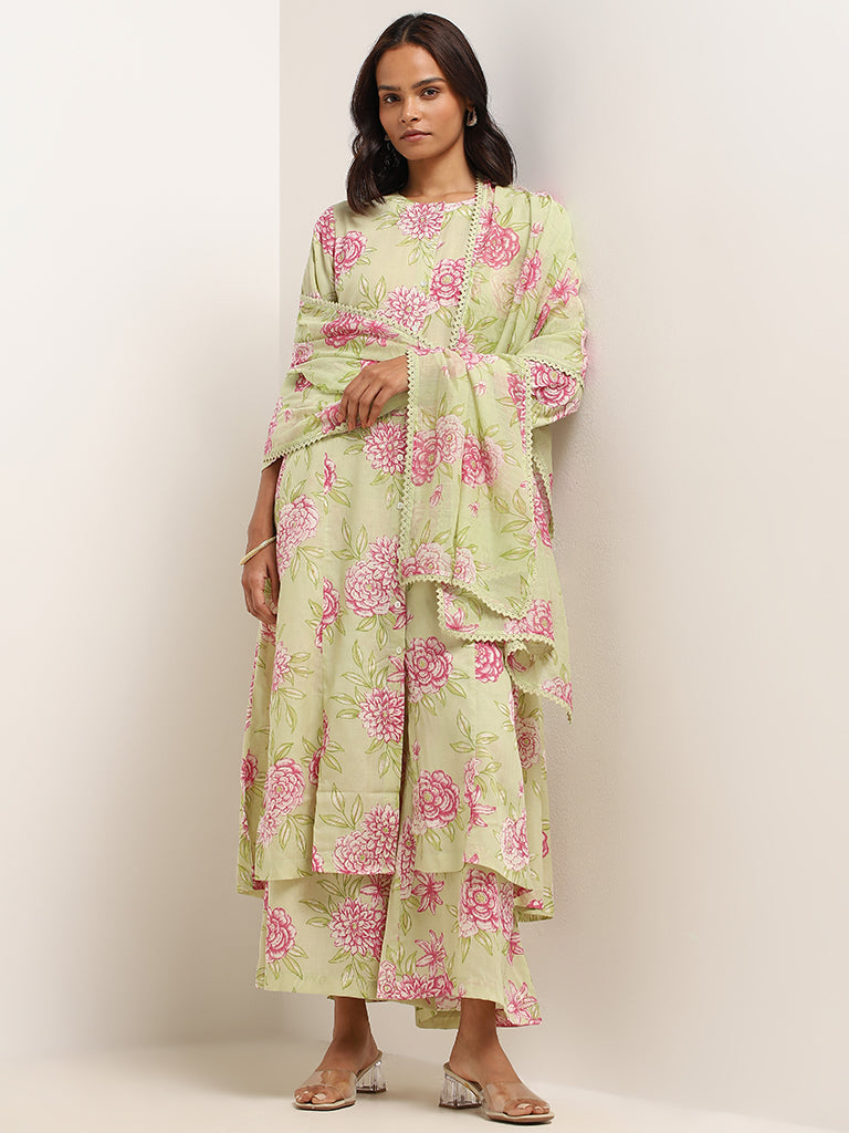 Zuba Green Floral Print Cotton Blend Dupatta