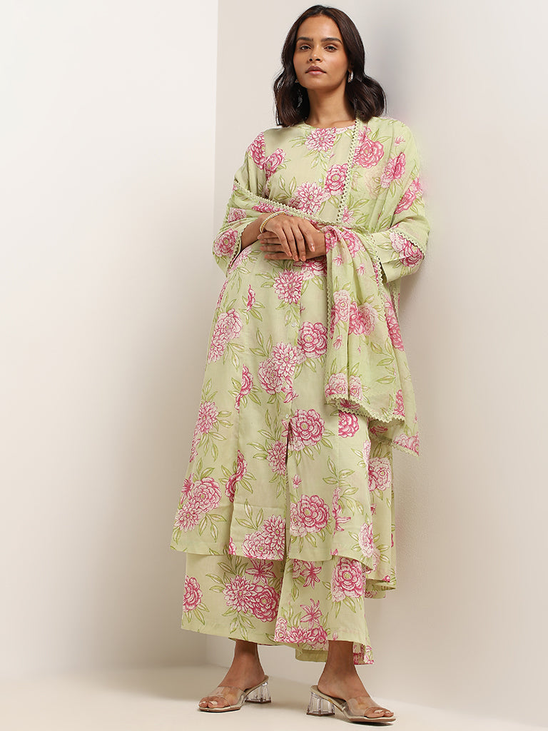 Zuba Green Floral Print Button-Down Kurta