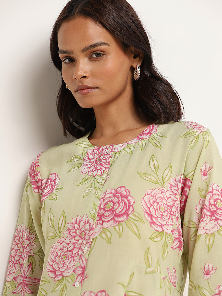 Zuba Green Floral Print Button-Down Kurta