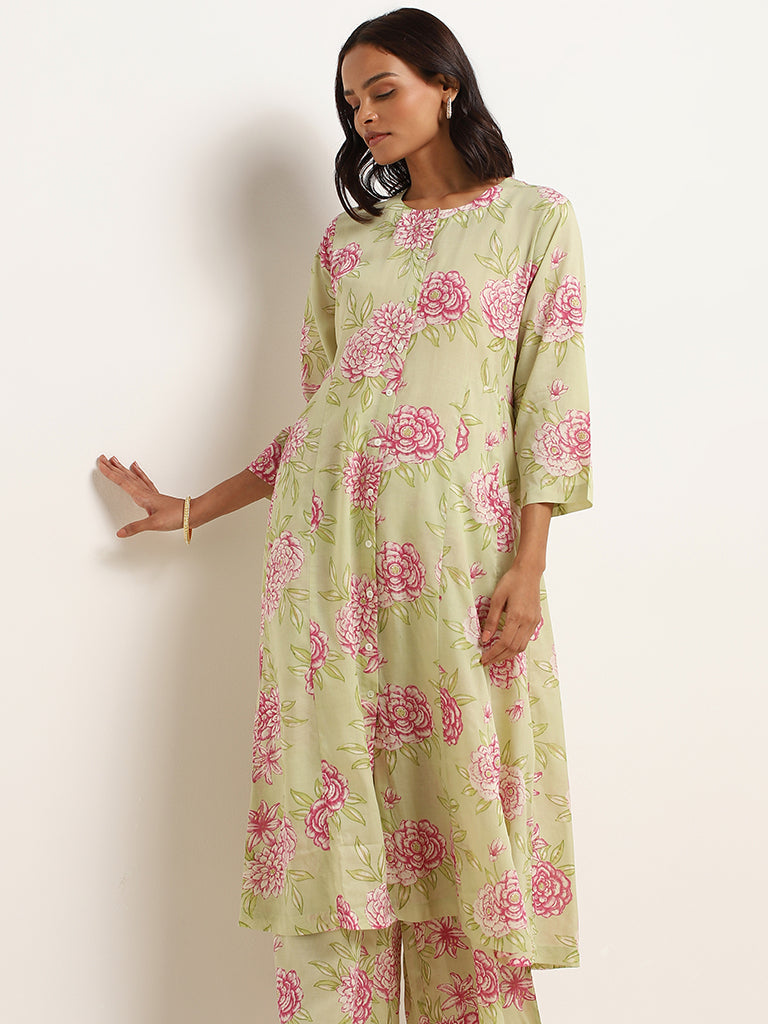 Zuba Green Floral Print Button-Down Kurta