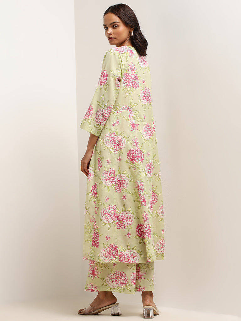 Zuba Green Floral Print Button-Down Kurta