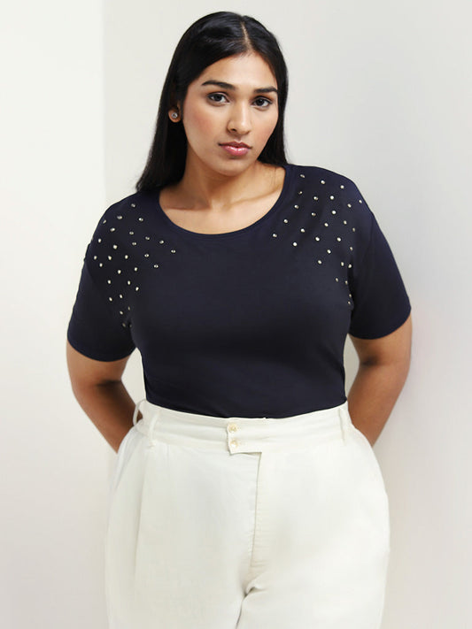 Gia Navy Embellished T-Shirt