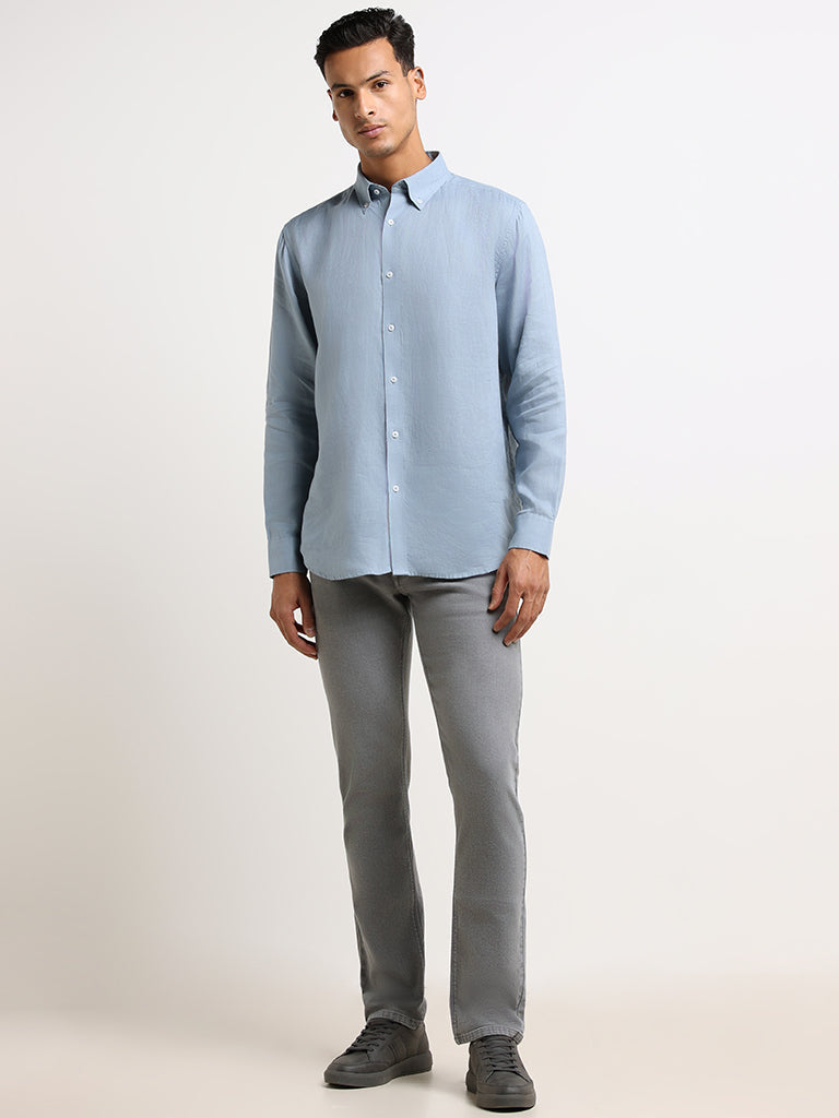 Ascot Blue Linen Blend Relaxed Fit Linen Shirt