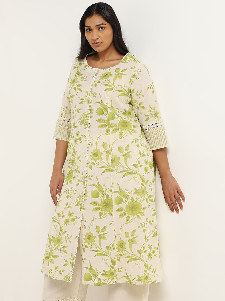 Diza Green Leaf Printed Cotton Kurta