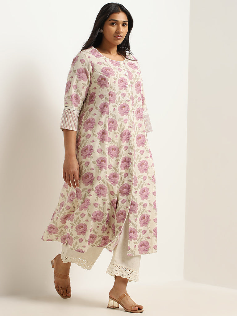 Diza Purple Floral Jaal Printed Cotton Kurta