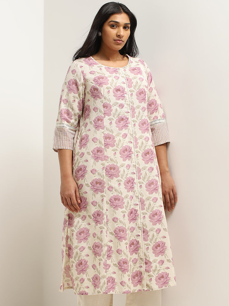 Diza Purple Floral Jaal Printed Cotton Kurta