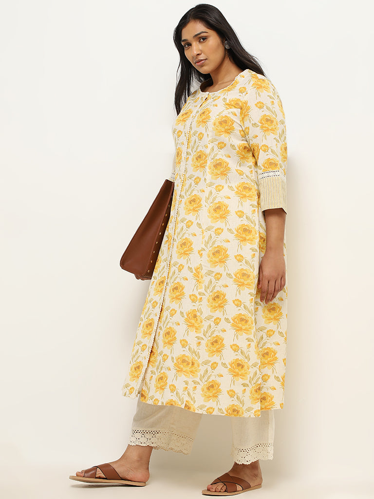 Diza Yellow Floral Printed Cotton Kurta