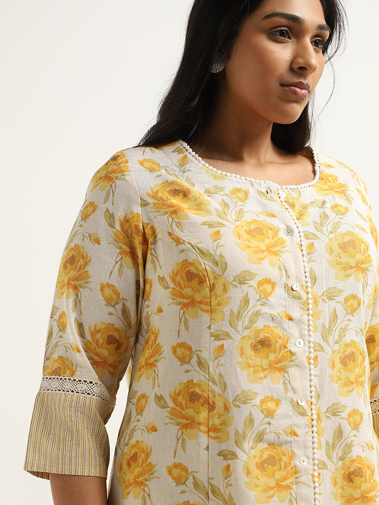 Diza Yellow Floral Printed Cotton Kurta