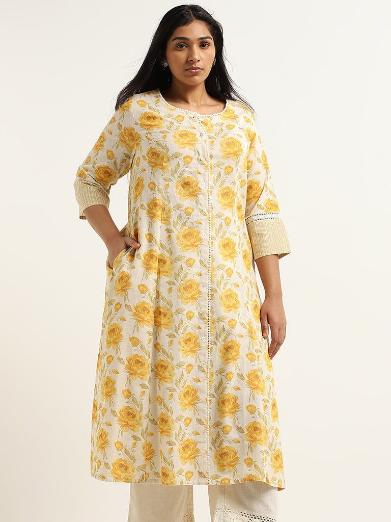 Diza Yellow Floral Printed Cotton Kurta