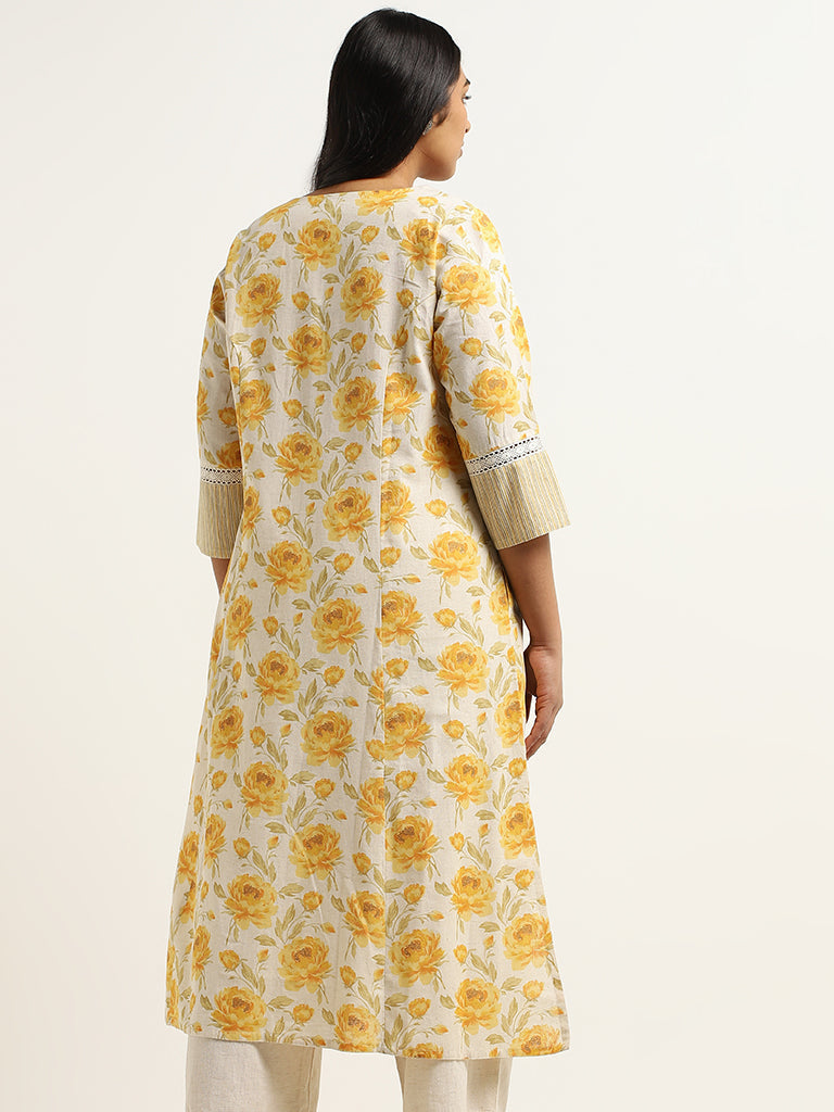 Diza Yellow Floral Printed Cotton Kurta