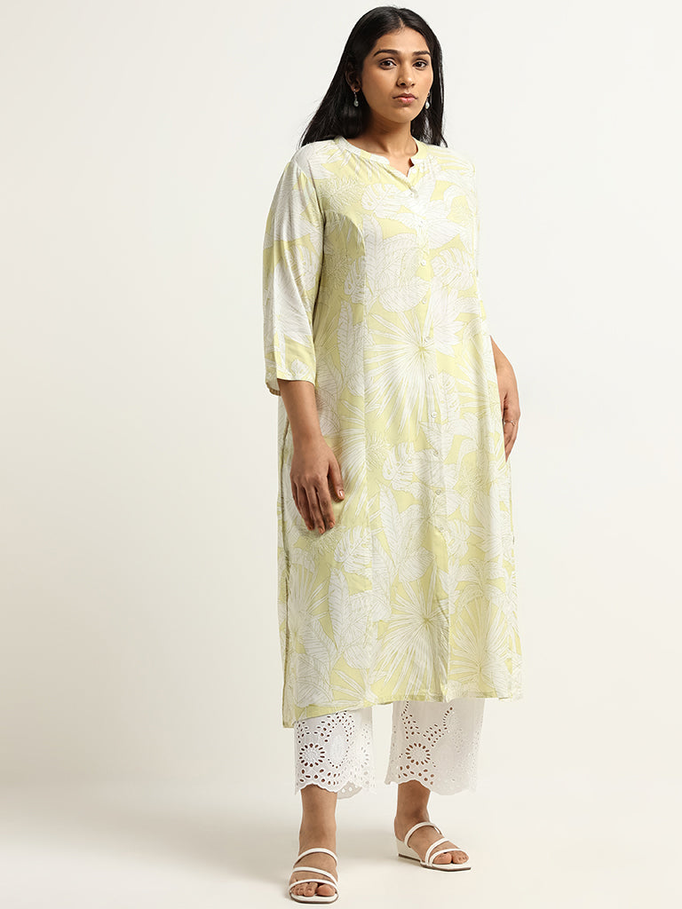 Diza Lime Floral Print Button-Down Kurta