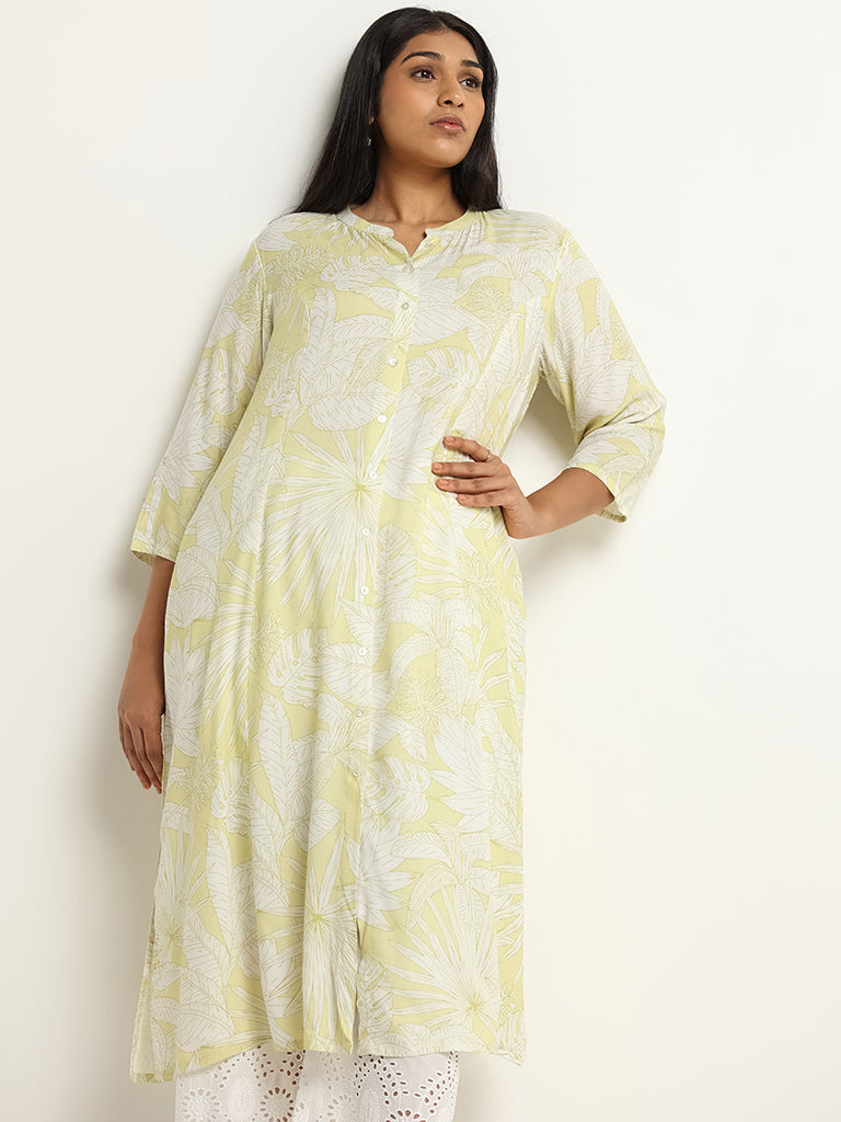 Diza Lime Floral Print Button-Down Kurta