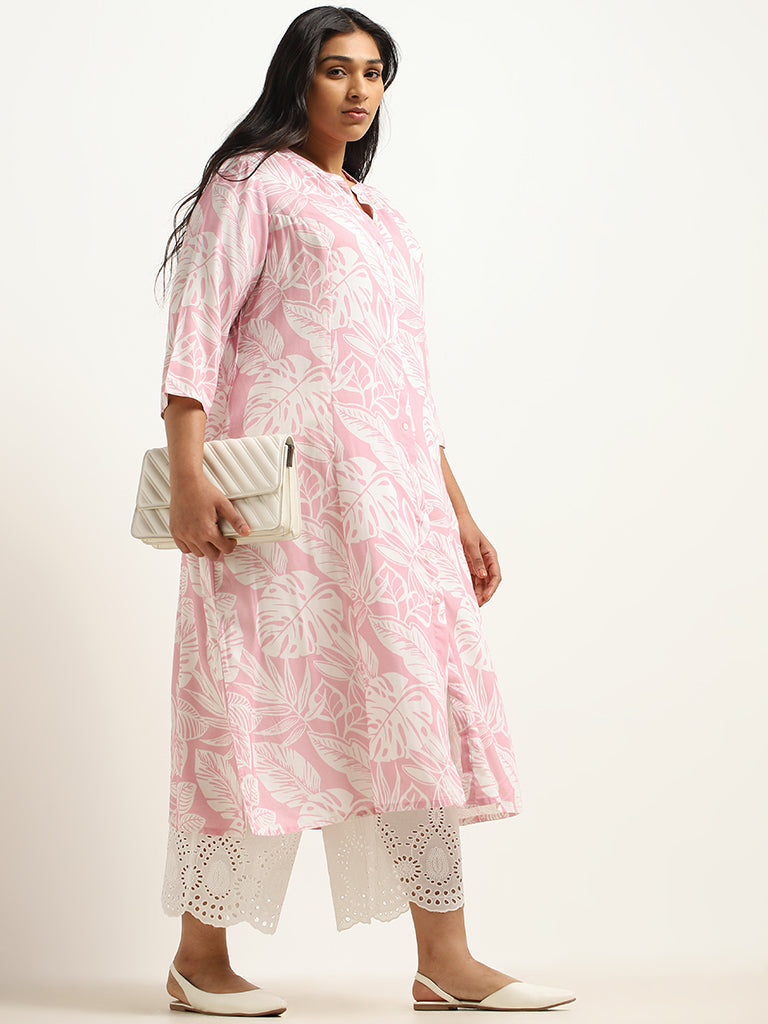 Diza Pink Leaf Printed Cotton Kurta