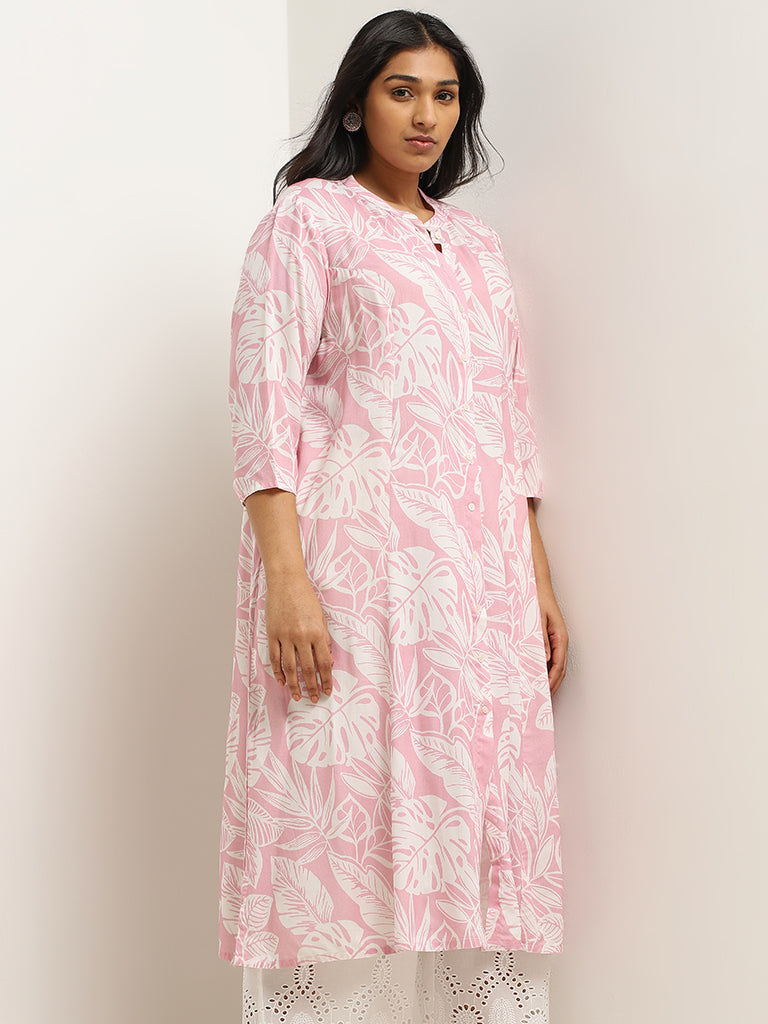 Diza Pink Leaf Printed Cotton Kurta