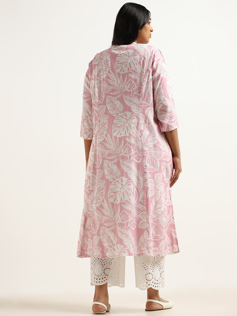 Diza Pink Leaf Printed Cotton Kurta