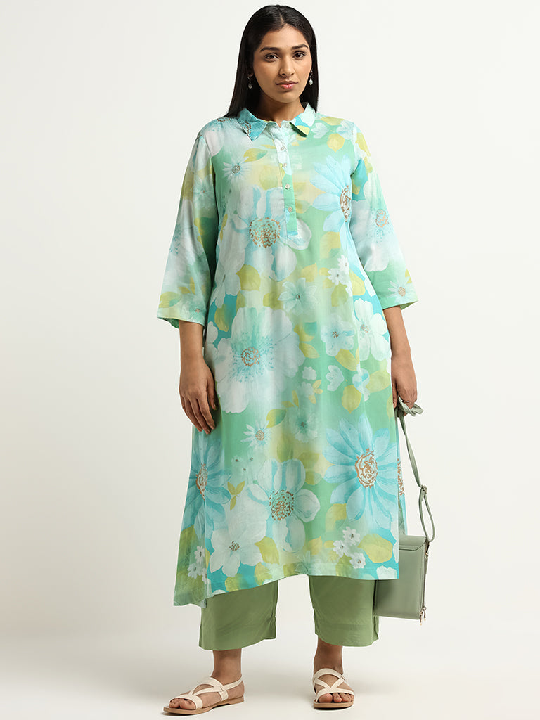 Diza Aqua Floral Print Collared Kurta