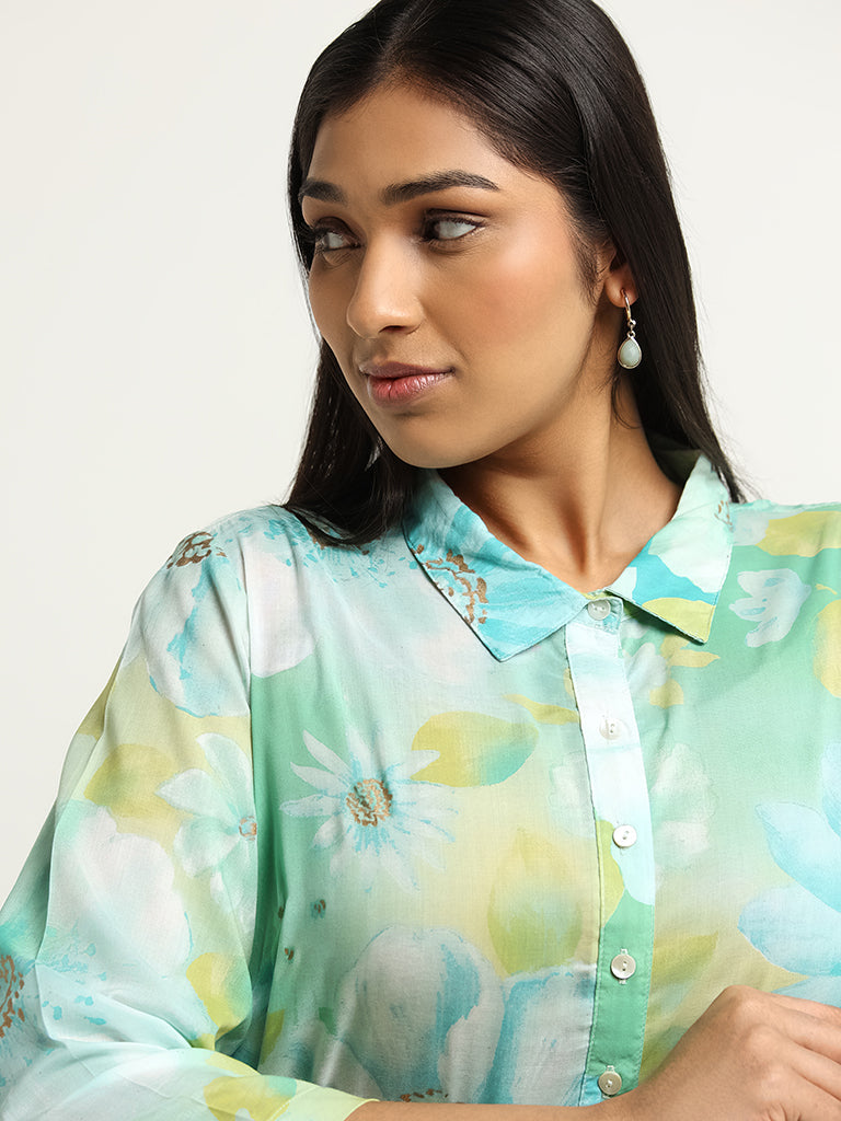 Diza Aqua Floral Print Collared Kurta