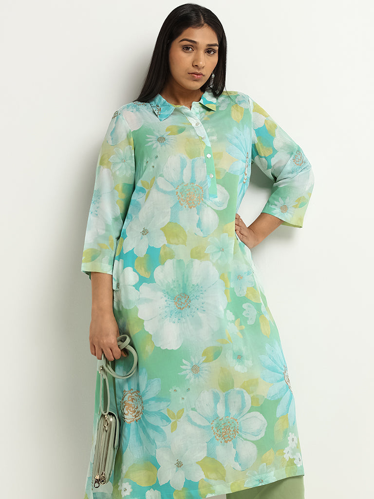 Diza Aqua Floral Print Collared Kurta