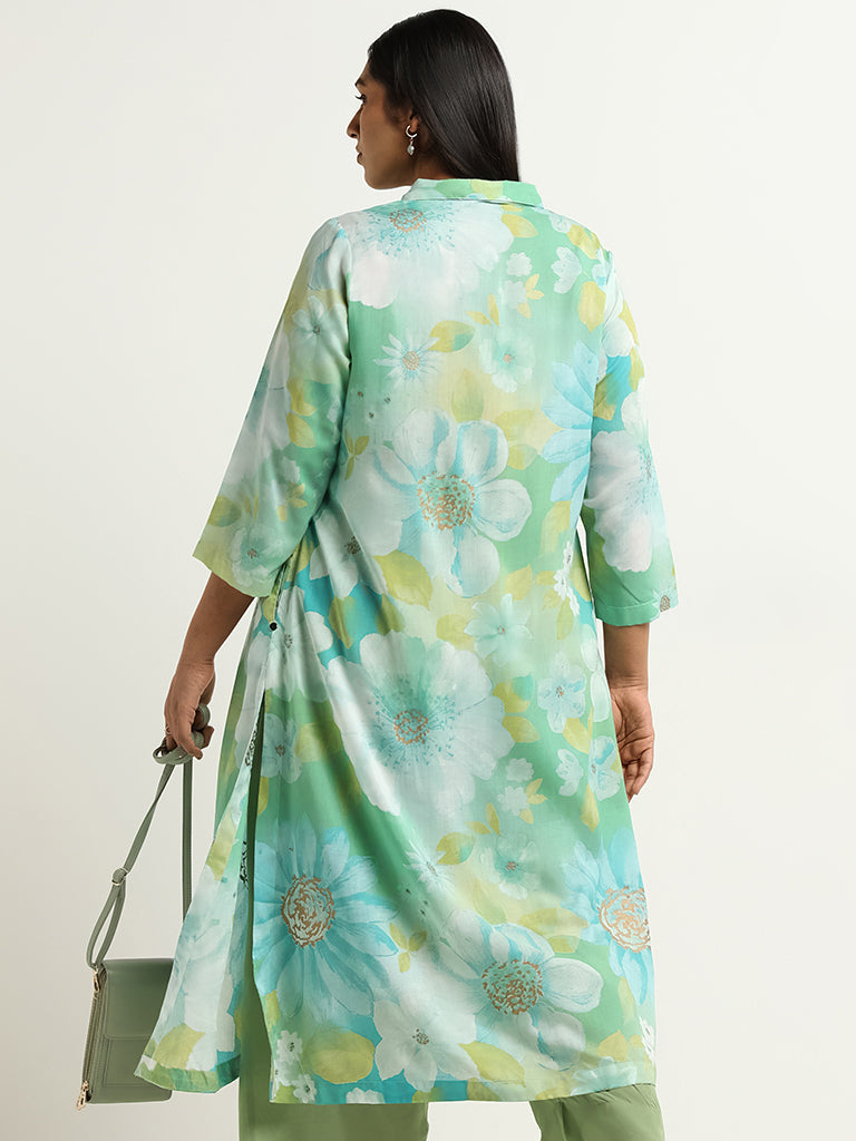 Diza Aqua Floral Print Collared Kurta