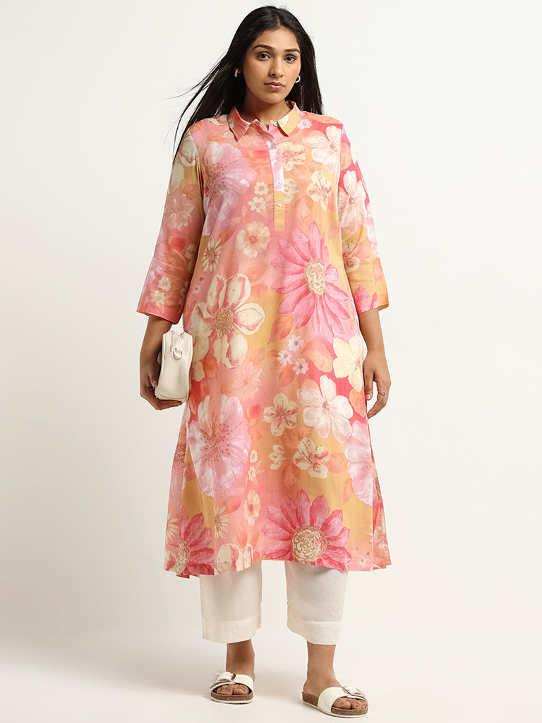 Diza Pink Floral Print Collared Kurta