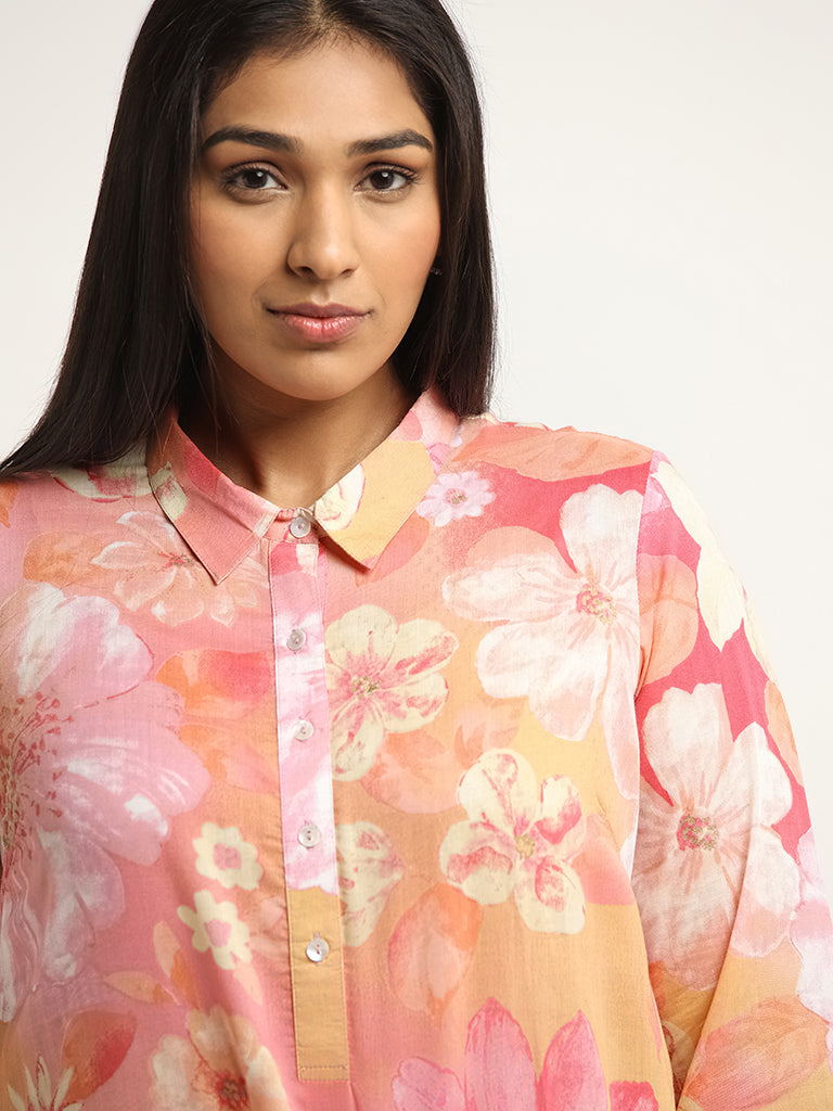 Diza Pink Floral Print Collared Kurta