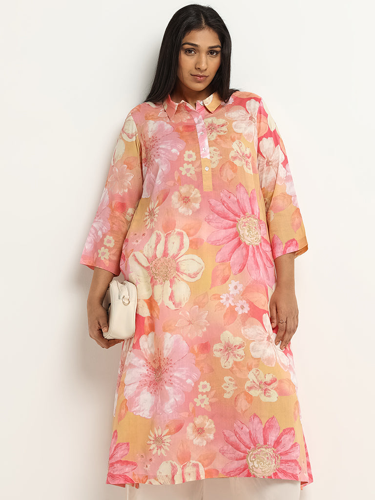 Diza Pink Floral Print Collared Kurta