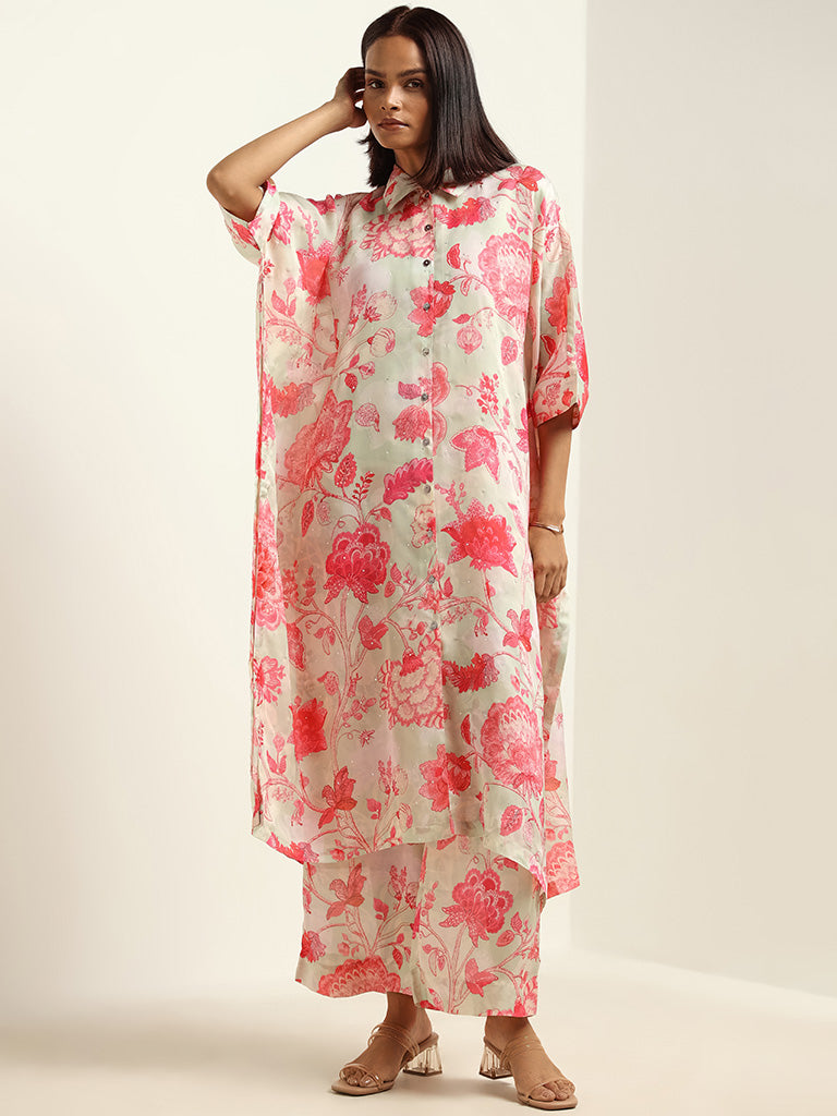 Vark Pink Printed Kaftan Kurta & Palazzos Set