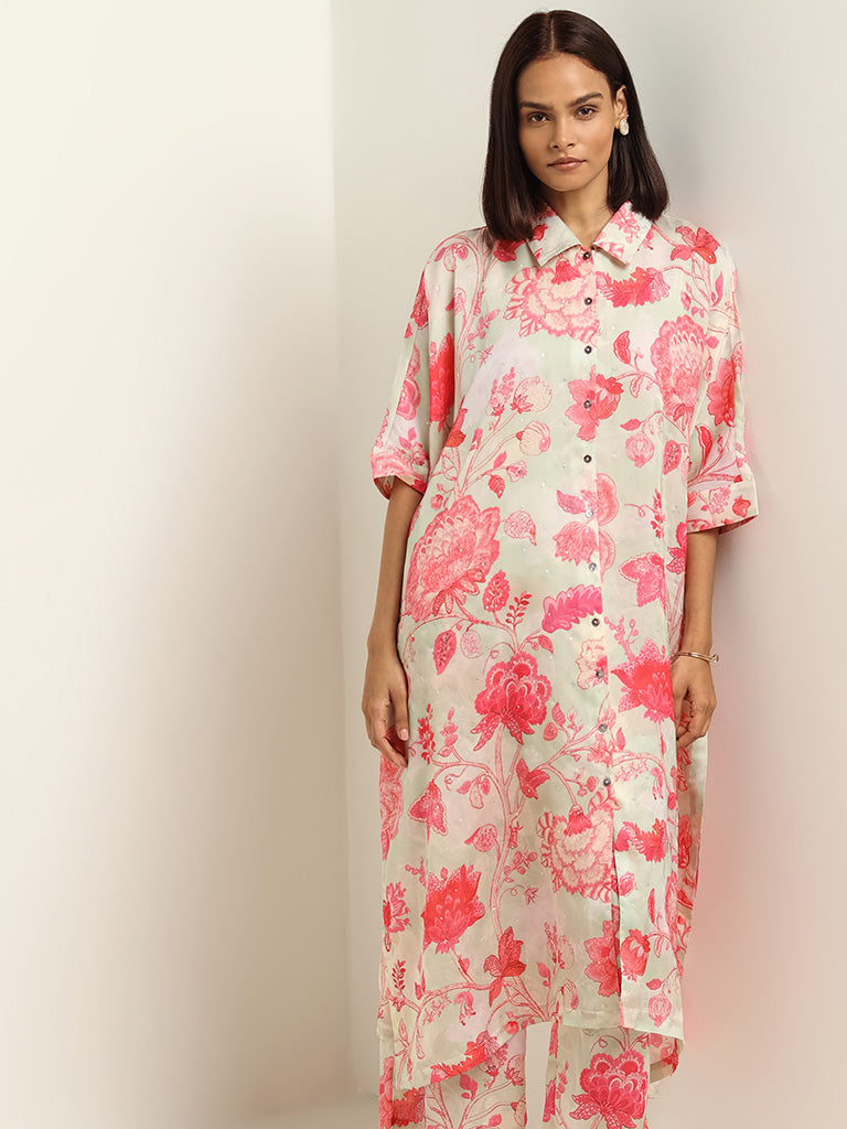 Vark Pink Printed Kaftan Kurta & Palazzos Set