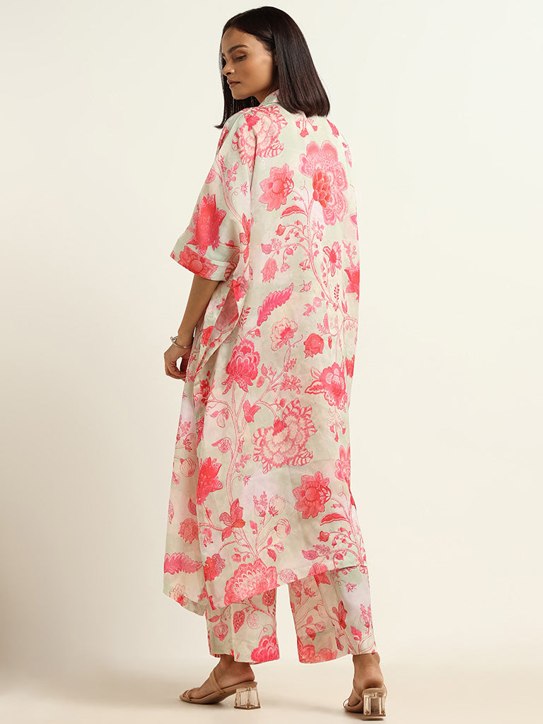 Vark Pink Printed Kaftan Kurta & Palazzos Set