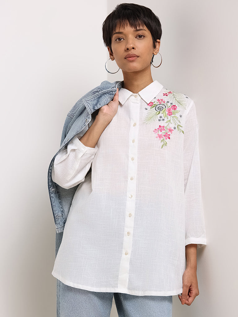 Utsa White Floral-Embroidered Cotton Tunic