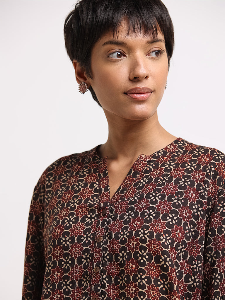 Utsa Black Printed Button-Down Kurti