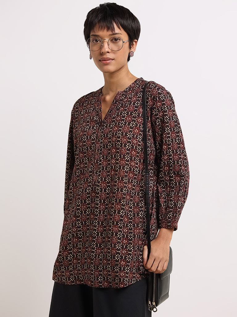 Utsa Black Printed Button-Down Kurti