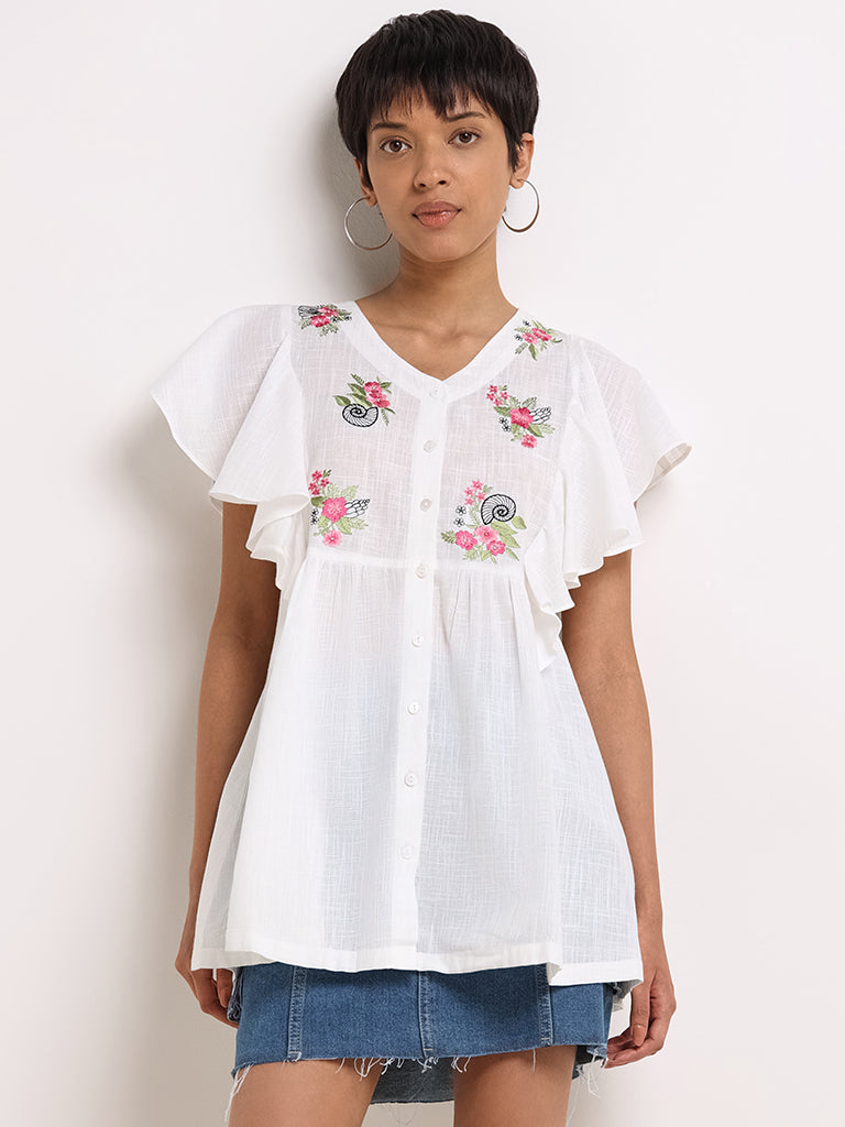 Utsa White Cotton Button-Down Tunic