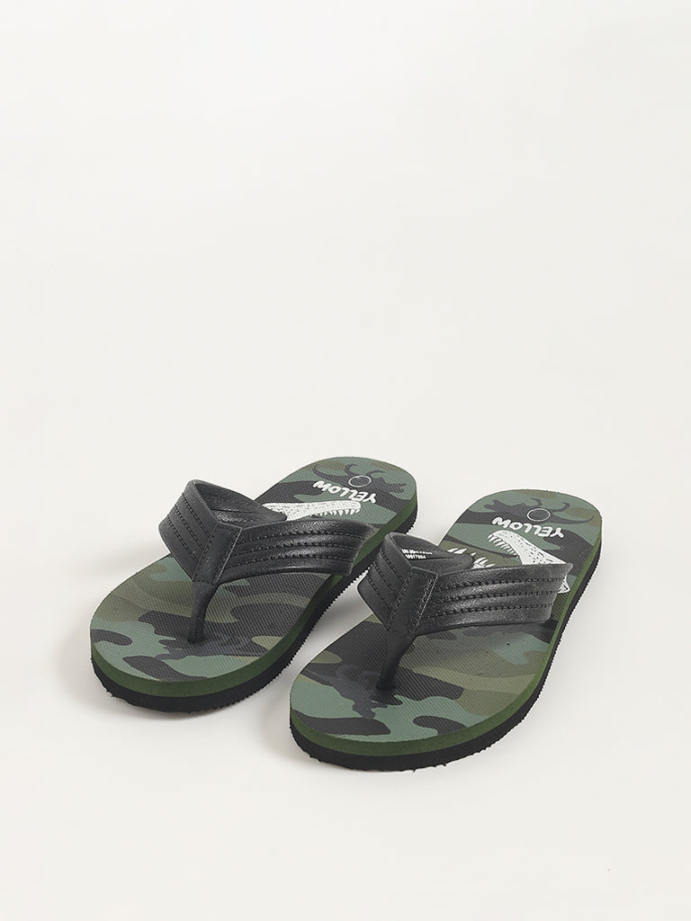 Yellow Green Dinosaur Printed Flip-Flop