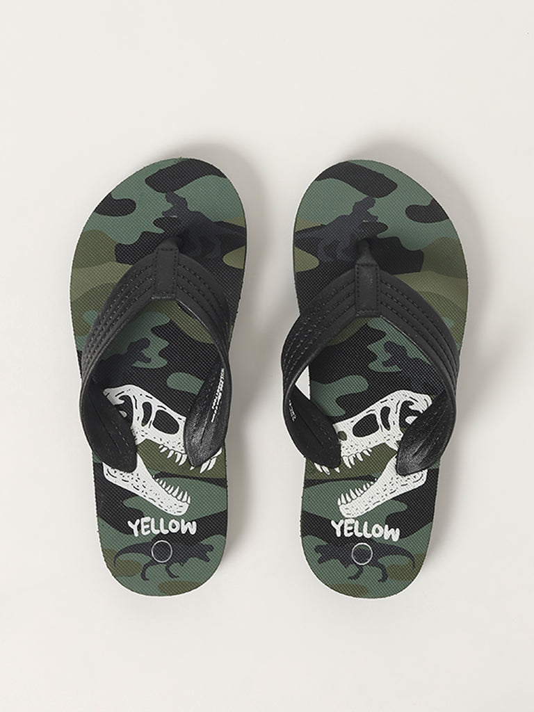 Yellow Green Dinosaur Printed Flip-Flop