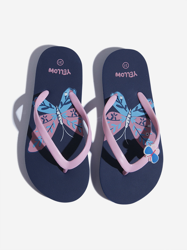 Yellow Navy Butterfly Design Flip-Flops