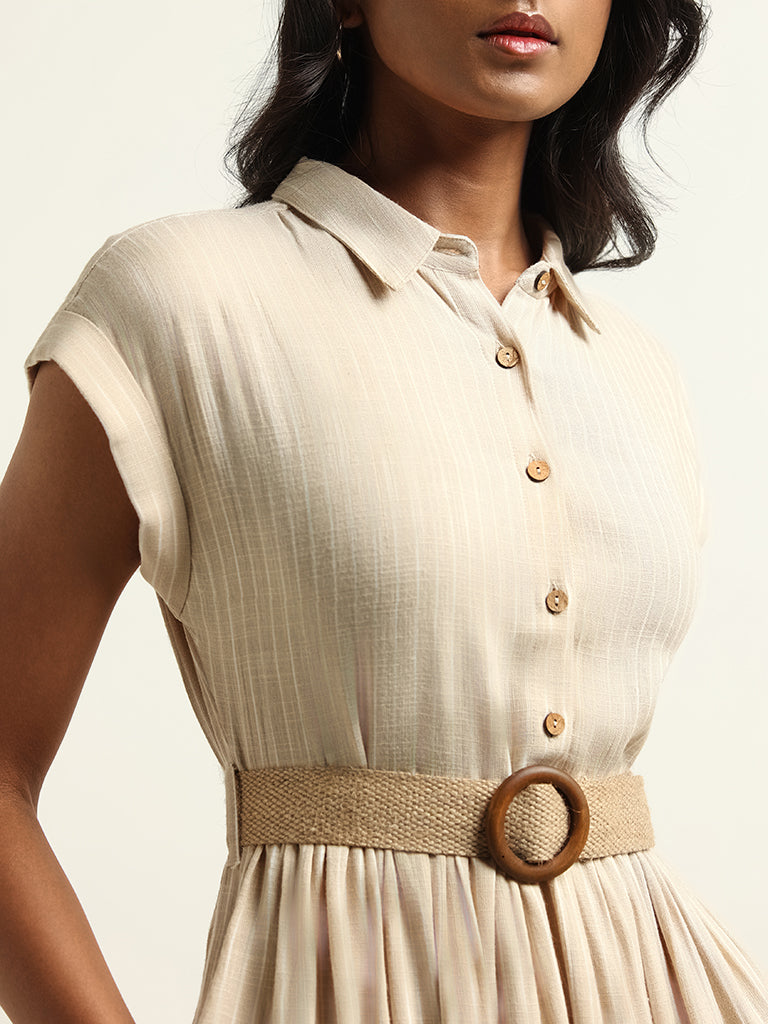 LOV Beige Collared Blended Linen Dress with Belt