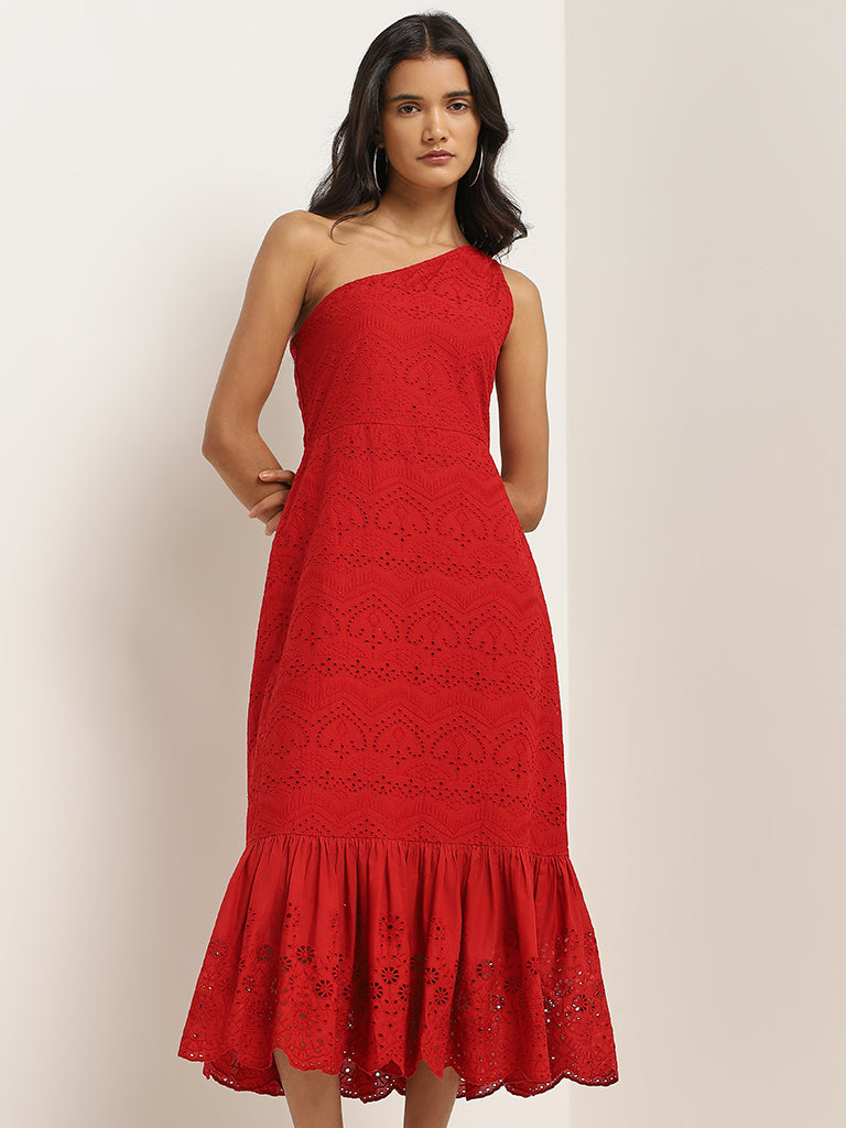 LOV Red Cotton Schiffli Dress