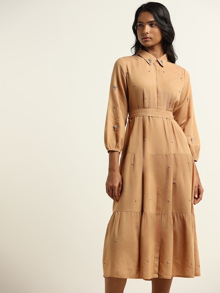 LOV Beige Embellished Blended Linen Dress with Belt