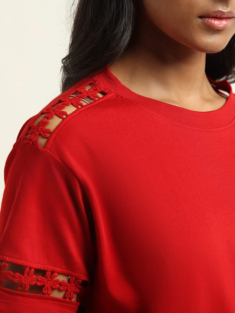 LOV Red Cotton Cut-Out T-Shirt