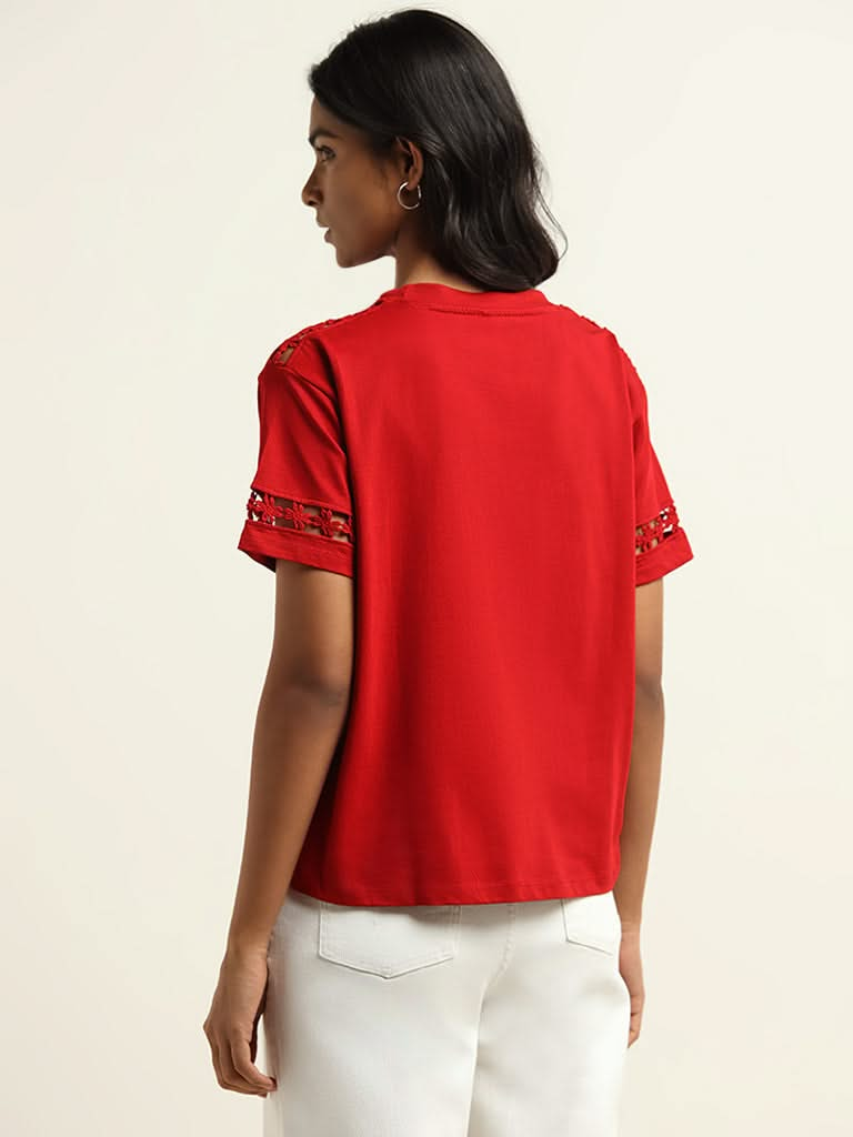 LOV Red Cotton Cut-Out T-Shirt