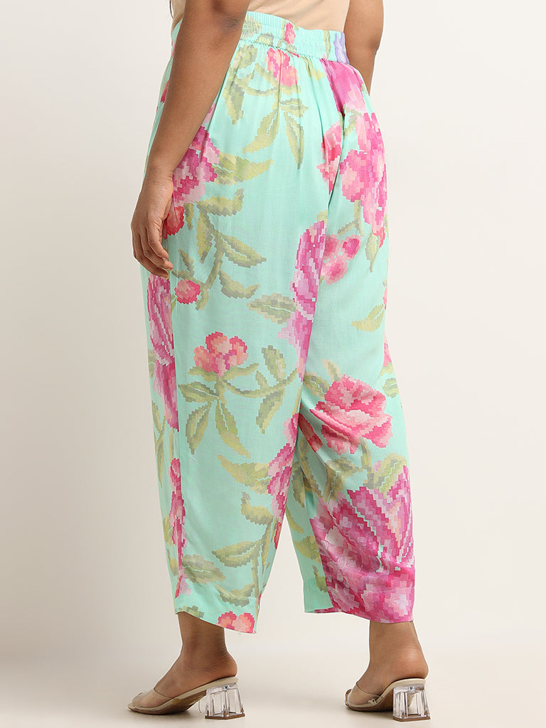 Diza Green Mid-Rise Floral Print Straight Pants