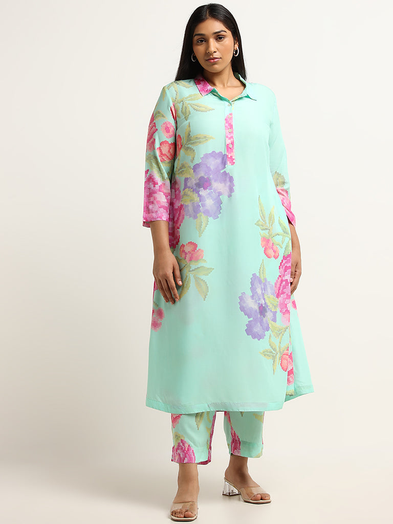 Diza Green Mid-Rise Floral Print Straight Pants