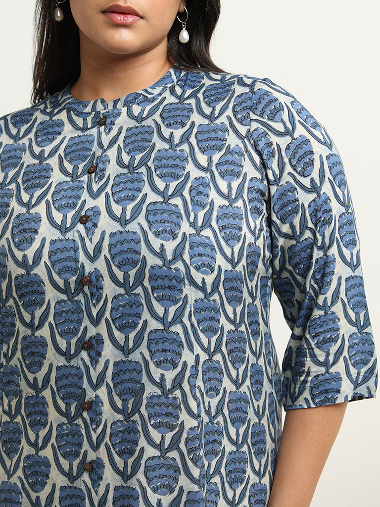 Diza Indigo Button-Down Printed Kurta