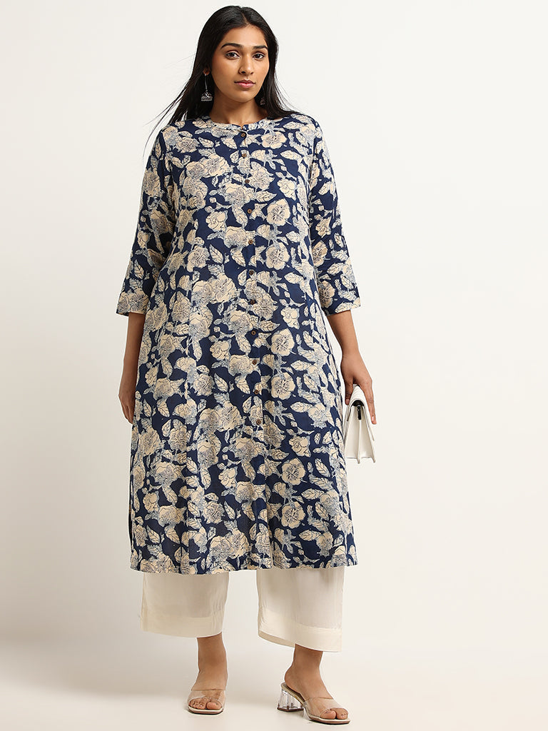 Diza Blue Straight Fit Floral Print Kurta